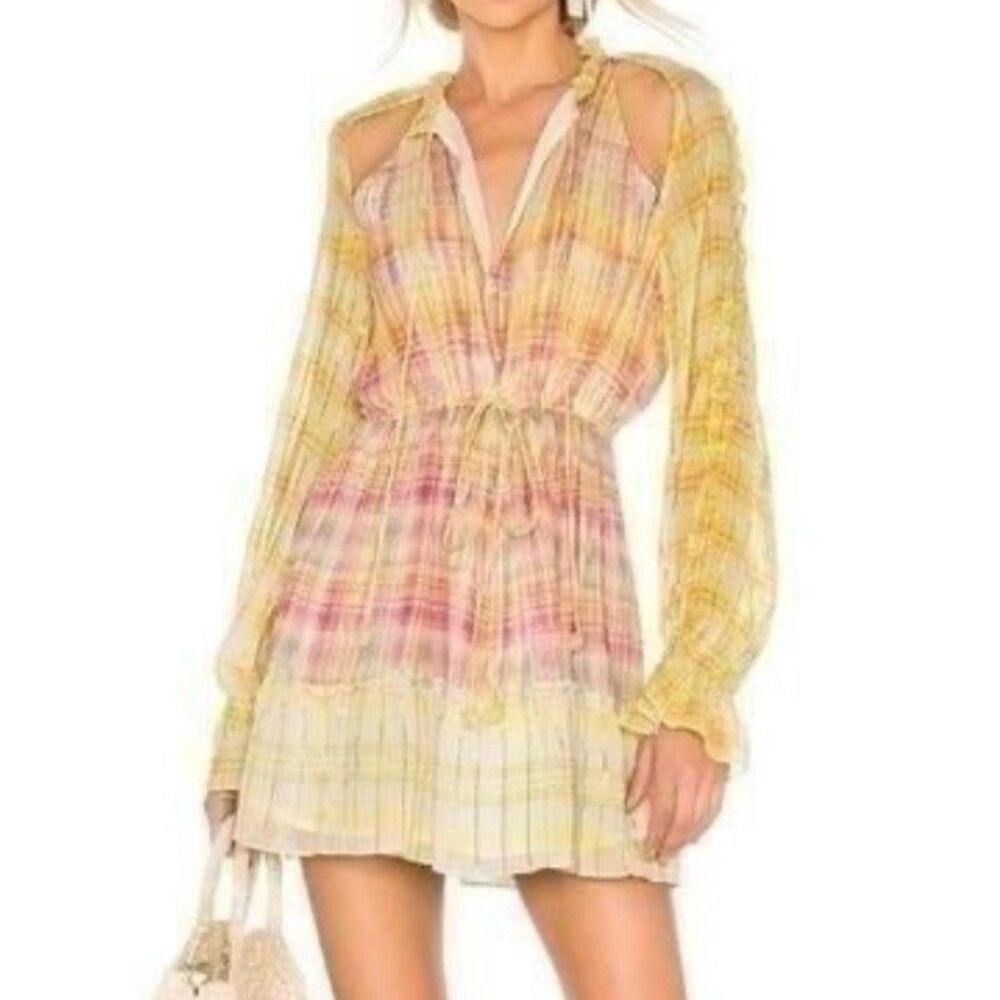 HEMANT AND NANDITA | Thick & Thin Striped Plaid Dress Yellow Pink Orange | Small